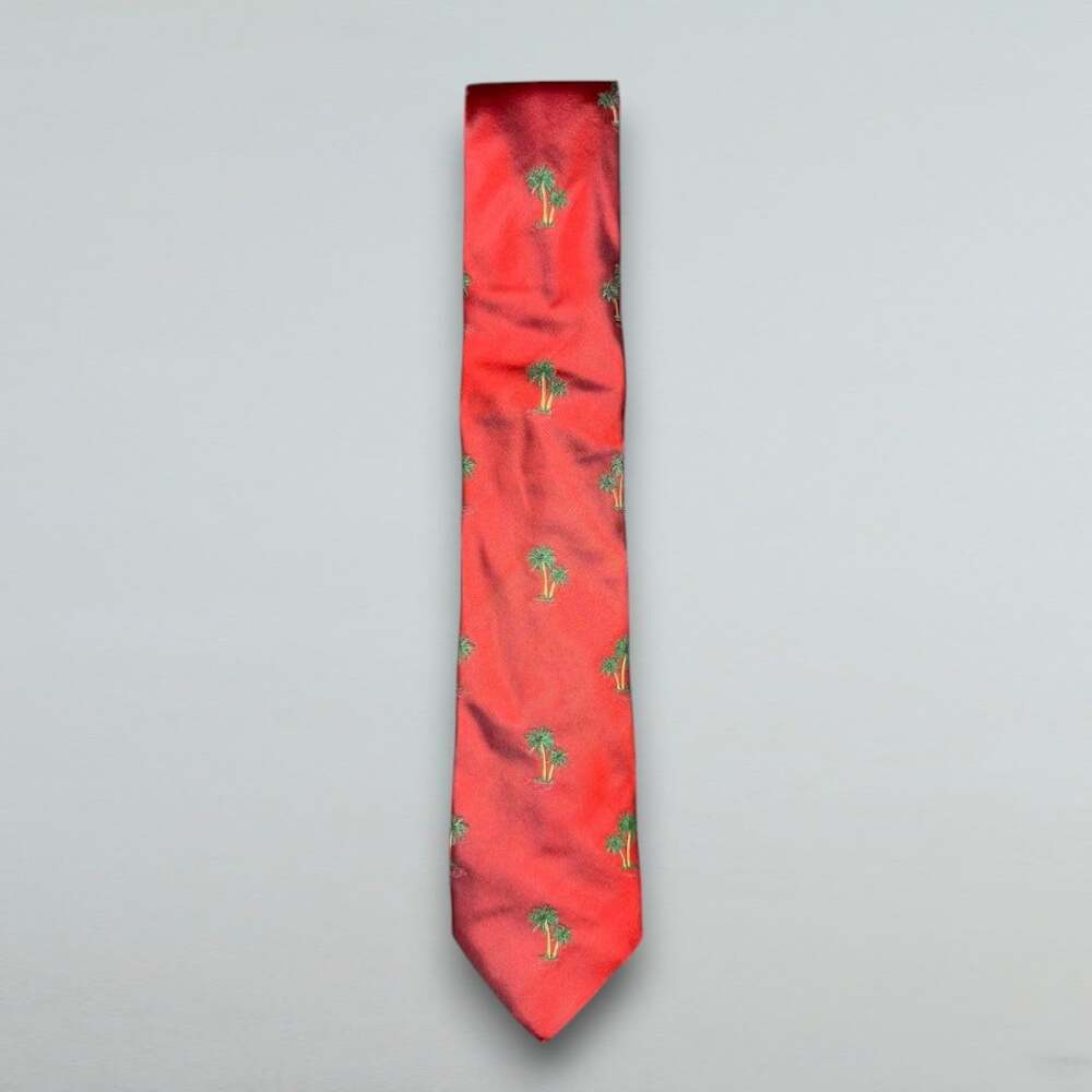 Red Palm Tree Silk Necktie Tropical Resort Golf Business Wedding Made Italy
